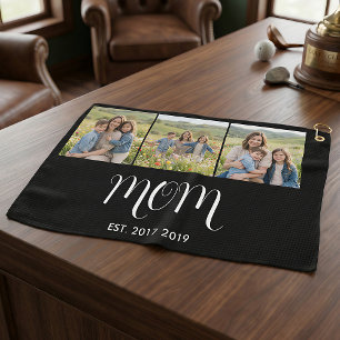 Mom Established Modern Bold Script Black 3 Photo Golf Towel
