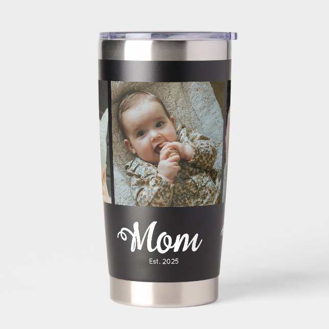 Mom Established Modern Bold Script Black 3 Photo Insulated Tumbler (Left)