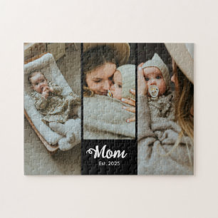 Mom Established Modern Bold Script Black 3 Photo Jigsaw Puzzle