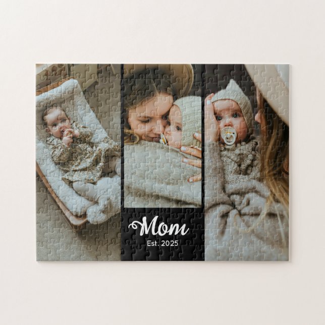 Mom Established Modern Bold Script Black 3 Photo Jigsaw Puzzle (Horizontal)