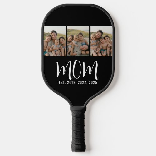 Mom Established Modern Bold Script Black 3 Photo Pickleball Paddle