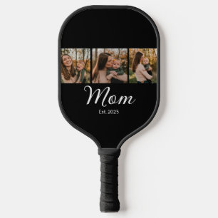 Mom Established Modern Bold Script Black 3 Photo Pickleball Paddle