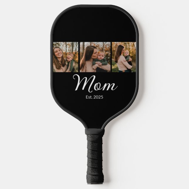 Mom Established Modern Bold Script Black 3 Photo Pickleball Paddle (Front)