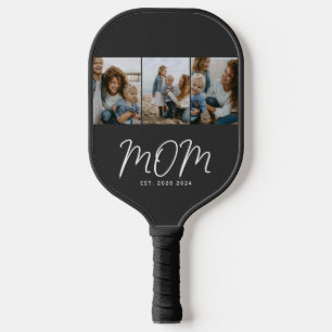 Mom Established Modern Bold Script Black 3 Photo Pickleball Paddle