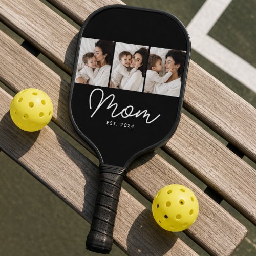 Mom Established Modern Bold Script Black 3 Photo Pickleball Paddle