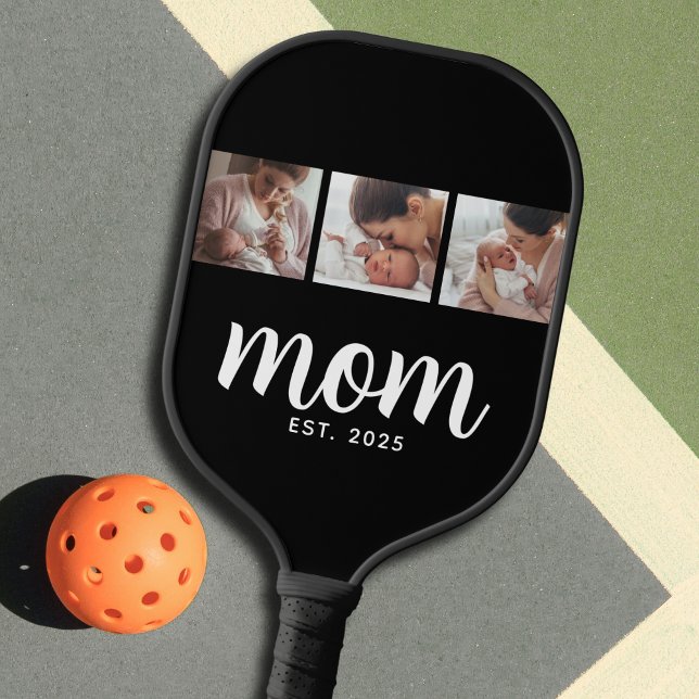 Mom Established Modern Bold Script Black 3 Photo Pickleball Paddle (Creator Uploaded)