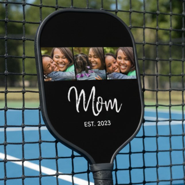 Mom Established Modern Bold Script Black 3 Photo  Pickleball Paddle (Creator Uploaded)