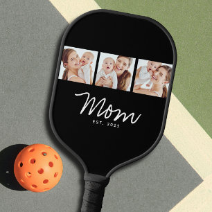Mom Established Modern Bold Script Black 3 Photo Pickleball Paddle