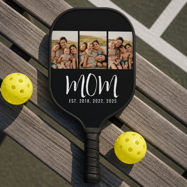 Mom Established Modern Bold Script Black 3 Photo Pickleball Paddle (Creator Uploaded)
