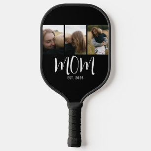Mom Established Modern Bold Script Black 3 Photo Pickleball Paddle