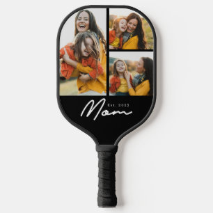 Mom Established Modern Bold Script Black 3 Photo Pickleball Paddle