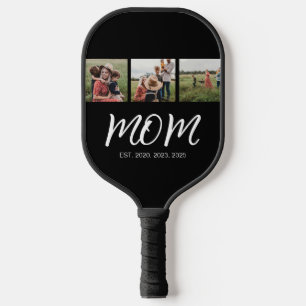 Mom Established Modern Bold Script Black 3 Photo Pickleball Paddle