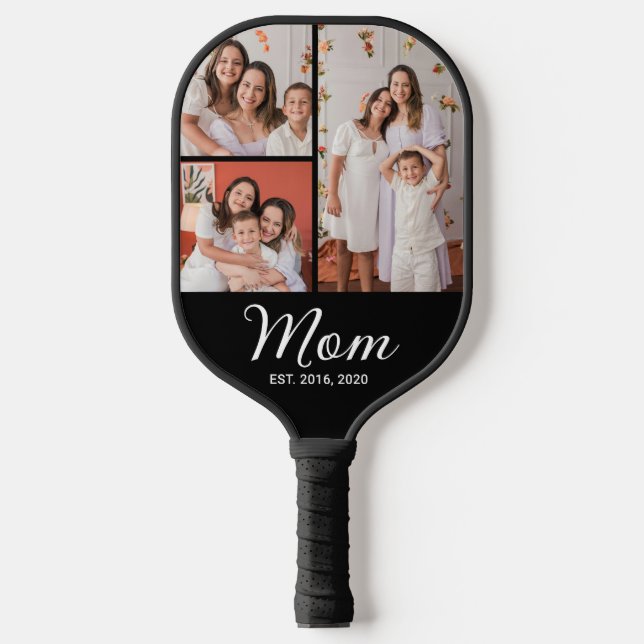 Mom Established Modern Bold Script Black 3 Photo  Pickleball Paddle (Front)
