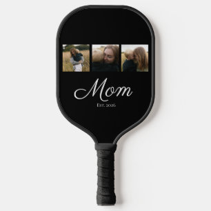 Mom Established Modern Bold Script Black 3 Photo Pickleball Paddle