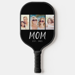 Mom Established Modern Bold Script Black 3 Photo Pickleball Paddle