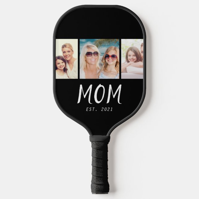 Mom Established Modern Bold Script Black 3 Photo Pickleball Paddle (Front)
