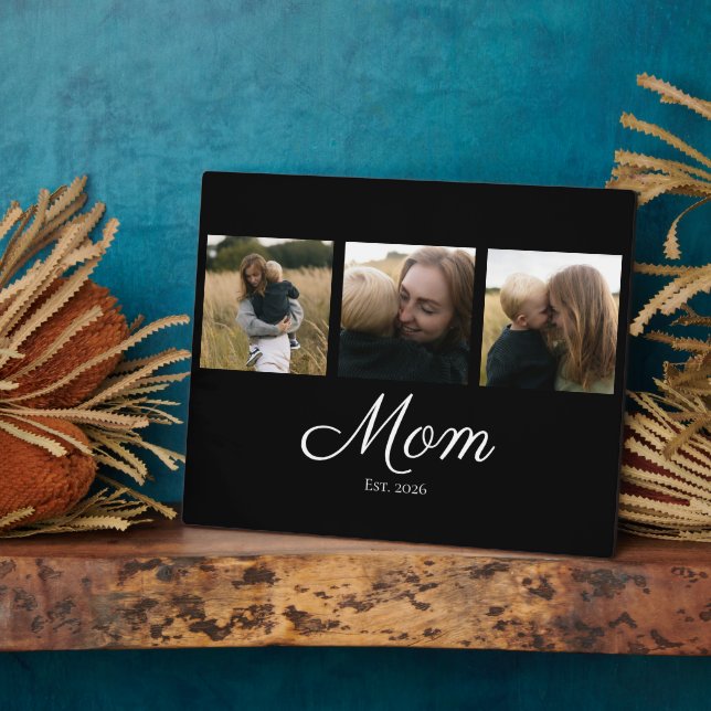Mom Established Modern Bold Script Black 3 Photo Plaque (Side)