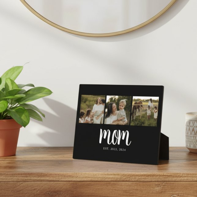 Mom Established Modern Bold Script Black 3 Photo Plaque (modern 3 photo black and white script mom established sign gift idea for mom mothers day christmas )