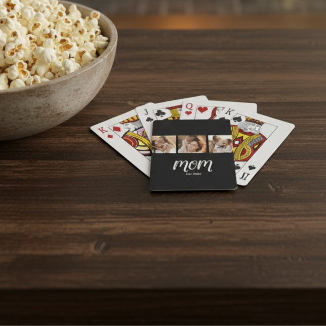 Mom Established Modern Bold Script Black 3 Photo Poker Cards (Creator Uploaded)