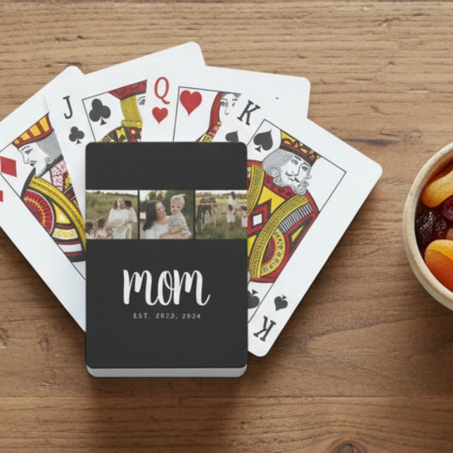 Mom Established Modern Bold Script Black 3 Photo Poker Cards (modern 3 photo black and white script mom established card deck stocking stuffer small gift for mom)