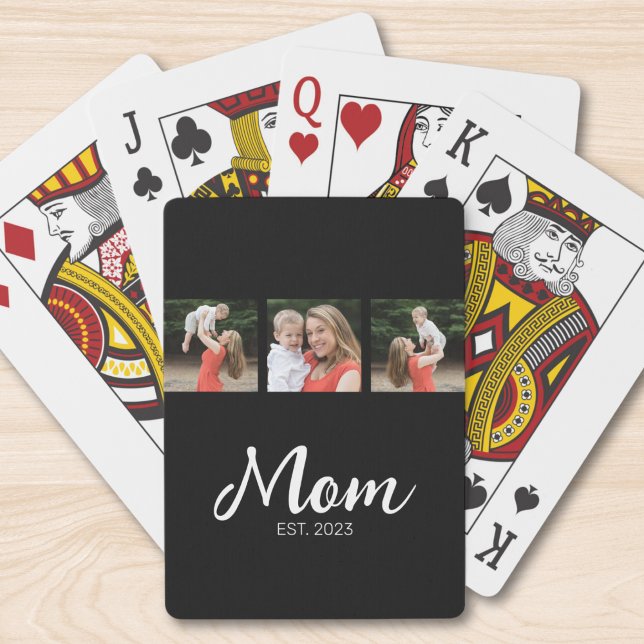 Mom Established Modern Bold Script Black 3 Photo Poker Cards (Creator Uploaded)
