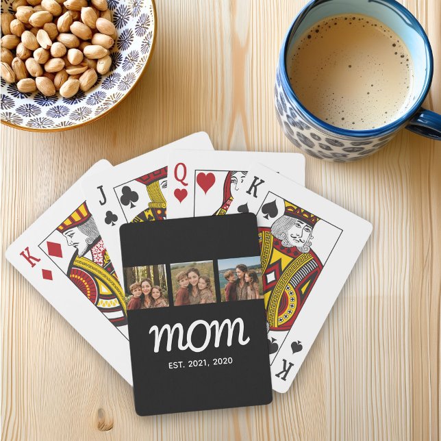 Mom Established Modern Bold Script Black 3 Photo Poker Cards (Creator Uploaded)
