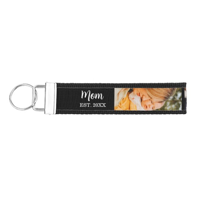 Mom Established Modern Bold Script Black 3 Photo Wrist Keychain (Keys on Left)