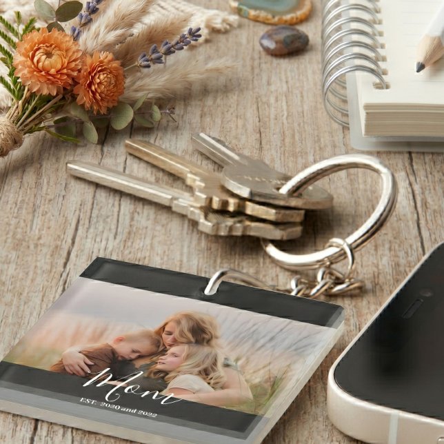 Mom Established Modern Elegant Script Photo  Keychain (Creator Uploaded)