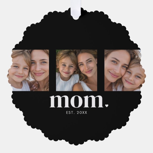 Mom Established Modern Minimal Black 3 Photo Ornament Card (Front)