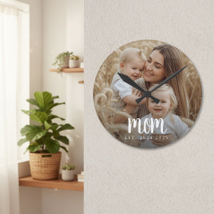 Mom Established Modern Minimal Script Photo Round Clock