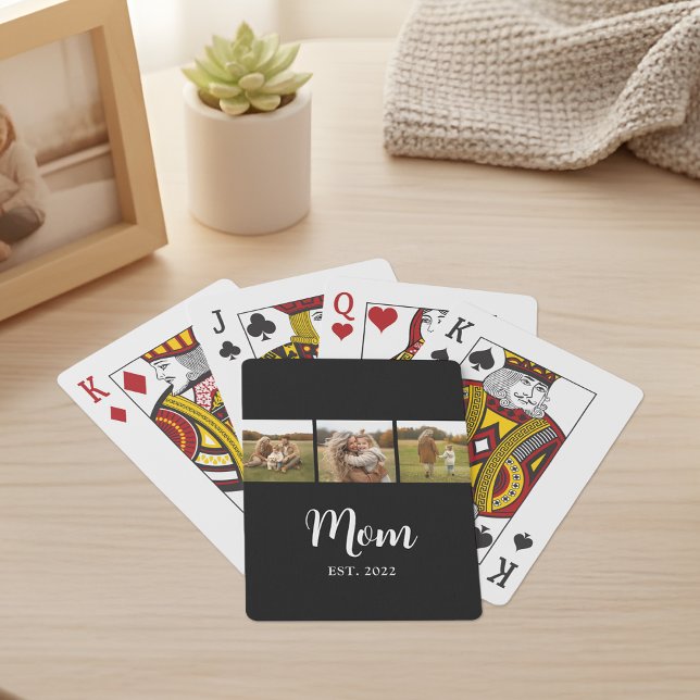 Mom Established Modern Script 3 Photo Black Poker Cards (Mom established 3 photo script text - fully personalizable!)