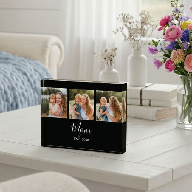 Mom Established Modern Script Black 3 Photo Acrylic Award (Creator Uploaded)