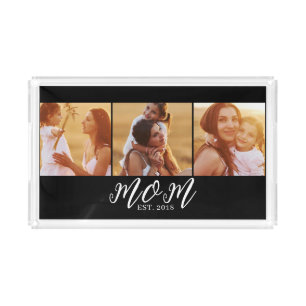 Mom Established Modern Script Black 3 Photo Acrylic Tray