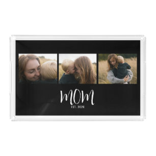 Mom Established Modern Script Black 3 Photo Acrylic Tray