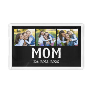 Mom Established Modern Script Black 3 Photo Acrylic Tray