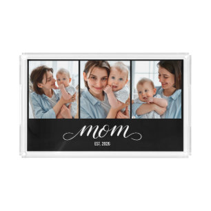 Mom Established Modern Script Black 3 Photo Acrylic Tray