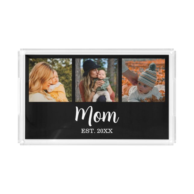 Mom Established Modern Script Black 3 Photo Acrylic Tray (Front)