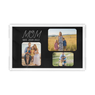 Mom Established Modern Script Black 3 Photo Acrylic Tray