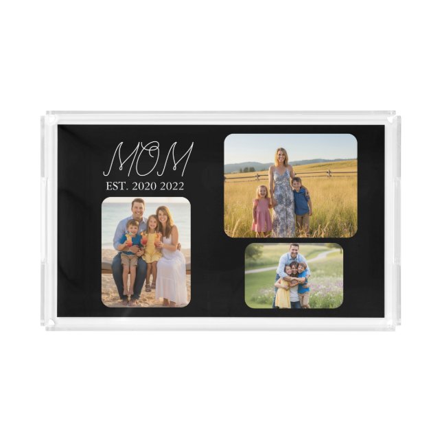 Mom Established Modern Script Black 3 Photo Acrylic Tray (Front)
