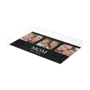 Mom Established Modern Script Black 3 Photo Acrylic Tray
