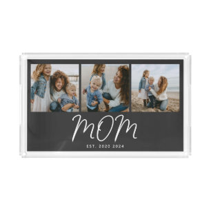 Mom Established Modern Script Black 3 Photo Acrylic Tray