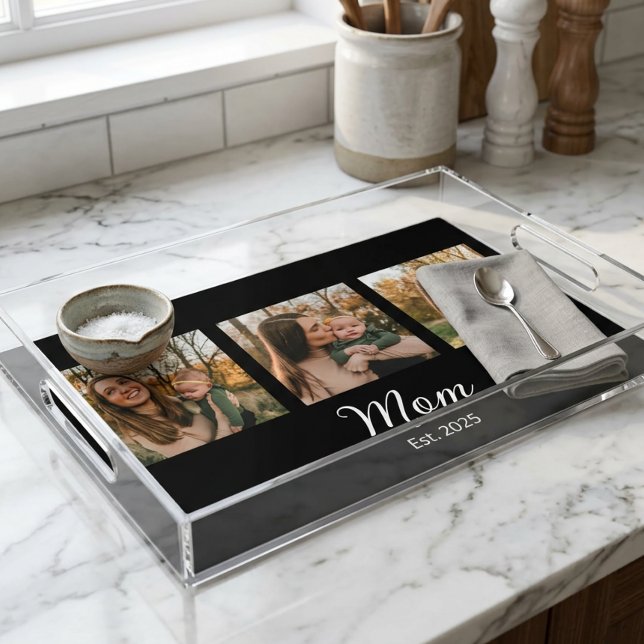 Mom Established Modern Script Black 3 Photo Acrylic Tray (Creator Uploaded)