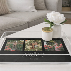 Mom Established Modern Script Black 3 Photo Acrylic Tray