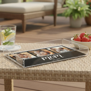 Mom Established Modern Script Black 3 Photo Acrylic Tray