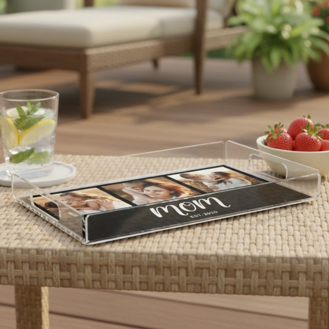 Mom Established Modern Script Black 3 Photo Acrylic Tray (Creator Uploaded)