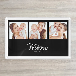 Mom Established Modern Script Black 3 Photo Acrylic Tray