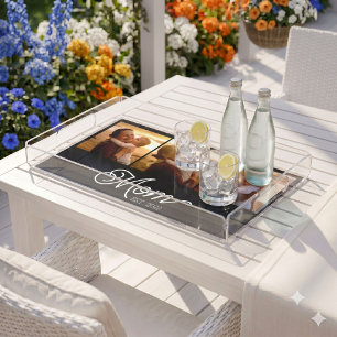 Mom Established Modern Script Black 3 Photo Acrylic Tray