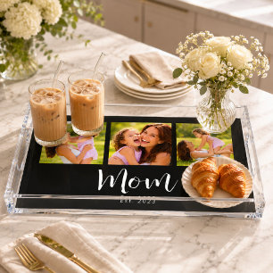 Mom Established Modern Script Black 3 Photo Acrylic Tray