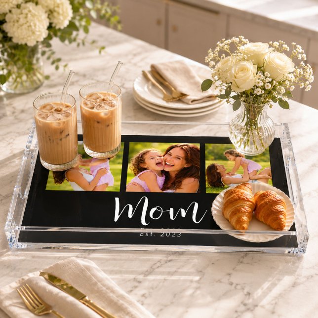 Mom Established Modern Script Black 3 Photo Acrylic Tray (Creator Uploaded)