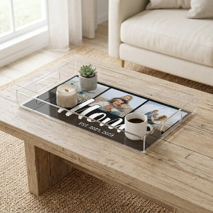 Mom Established Modern Script Black 3 Photo Acrylic Tray